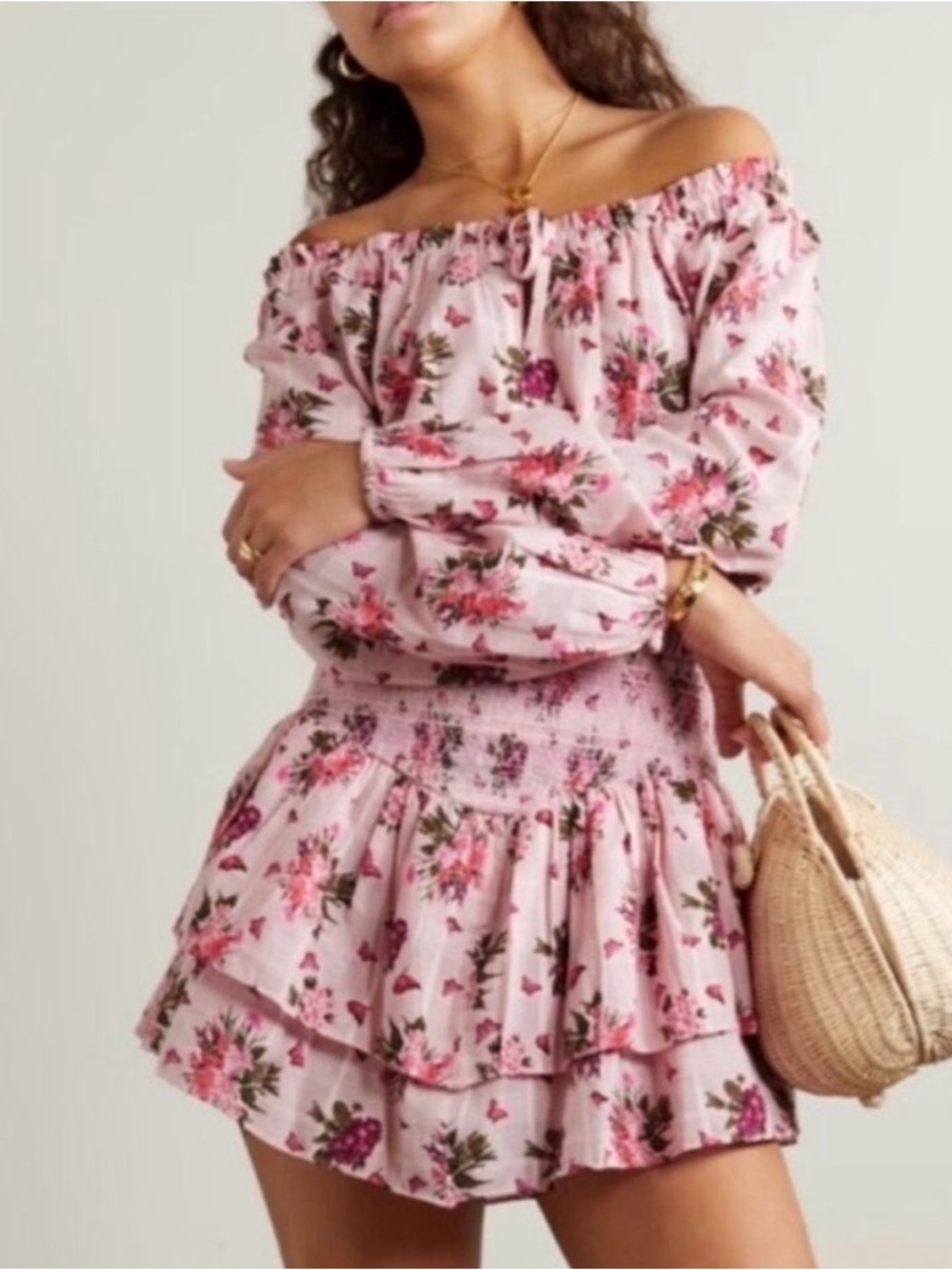 LoveShackFancy Pink Floral Smocked Top and Skirt Set